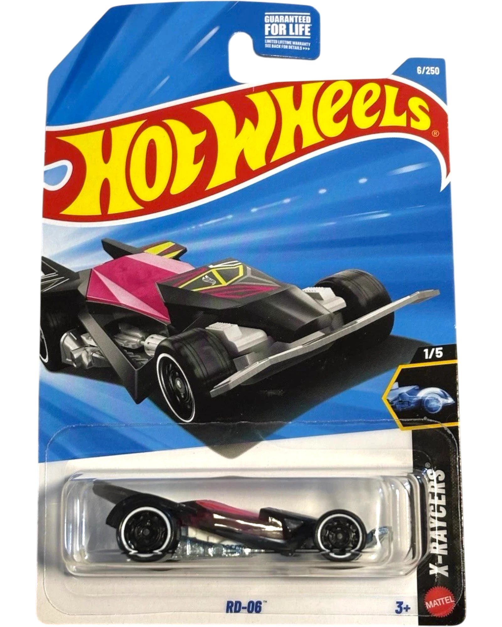 More Than Diecast Hot Wheels RD-06 X-Raycers diecast car, black with pink accents and white rimmed wheels.