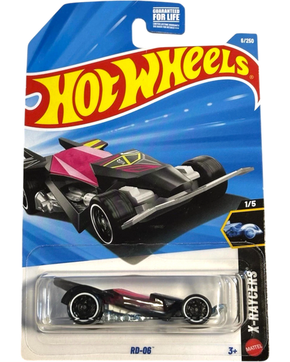 More Than Diecast Hot Wheels RD-06 X-Raycers diecast car, black with pink accents and white rimmed wheels.