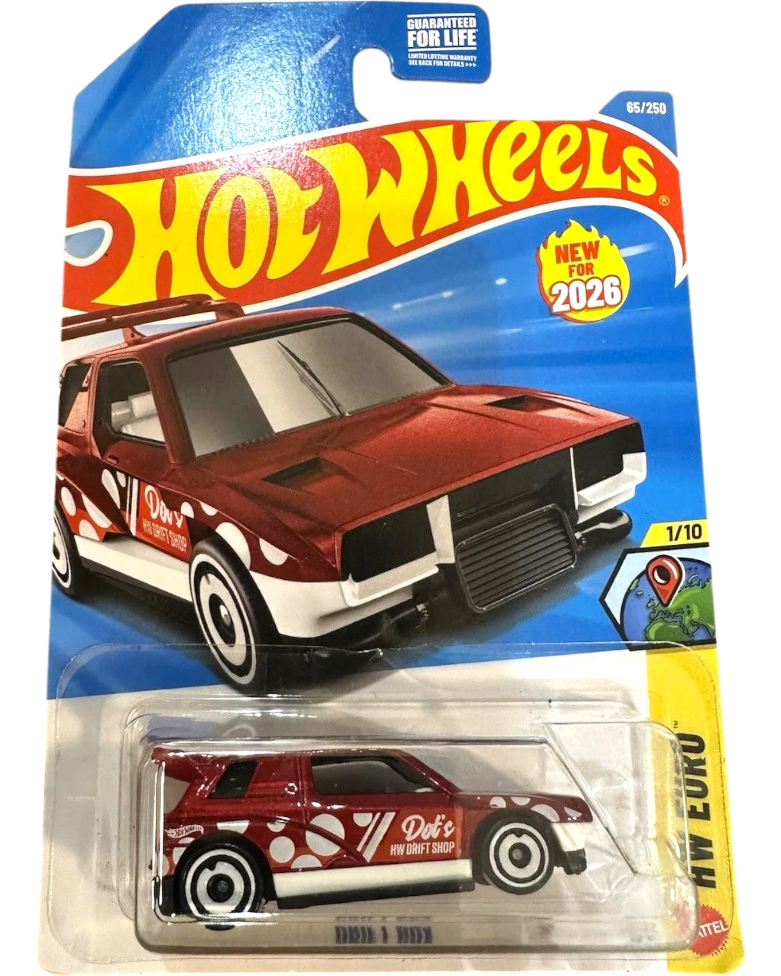 More Than Diecast Hot Wheels 2026 red drift box car with white polka dots and racing stripes.