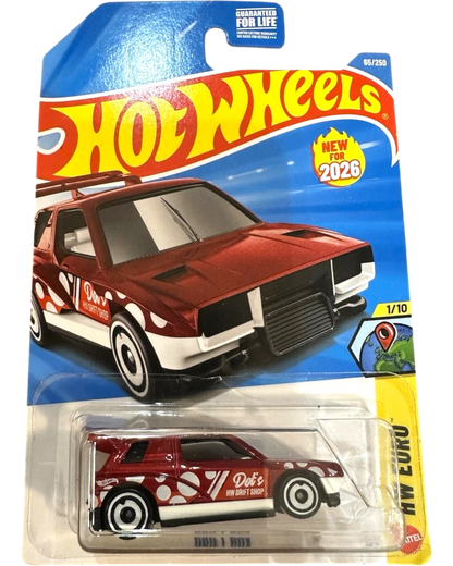 More Than Diecast Hot Wheels 2026 red drift box car with white polka dots and racing stripes.