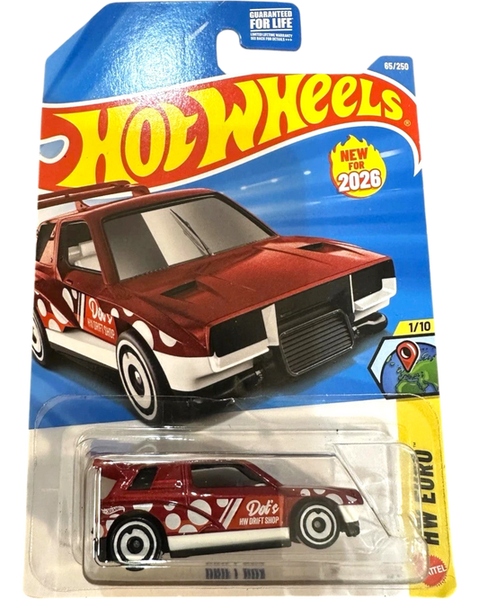 More Than Diecast Hot Wheels 2026 red drift box car with white polka dots and racing stripes.
