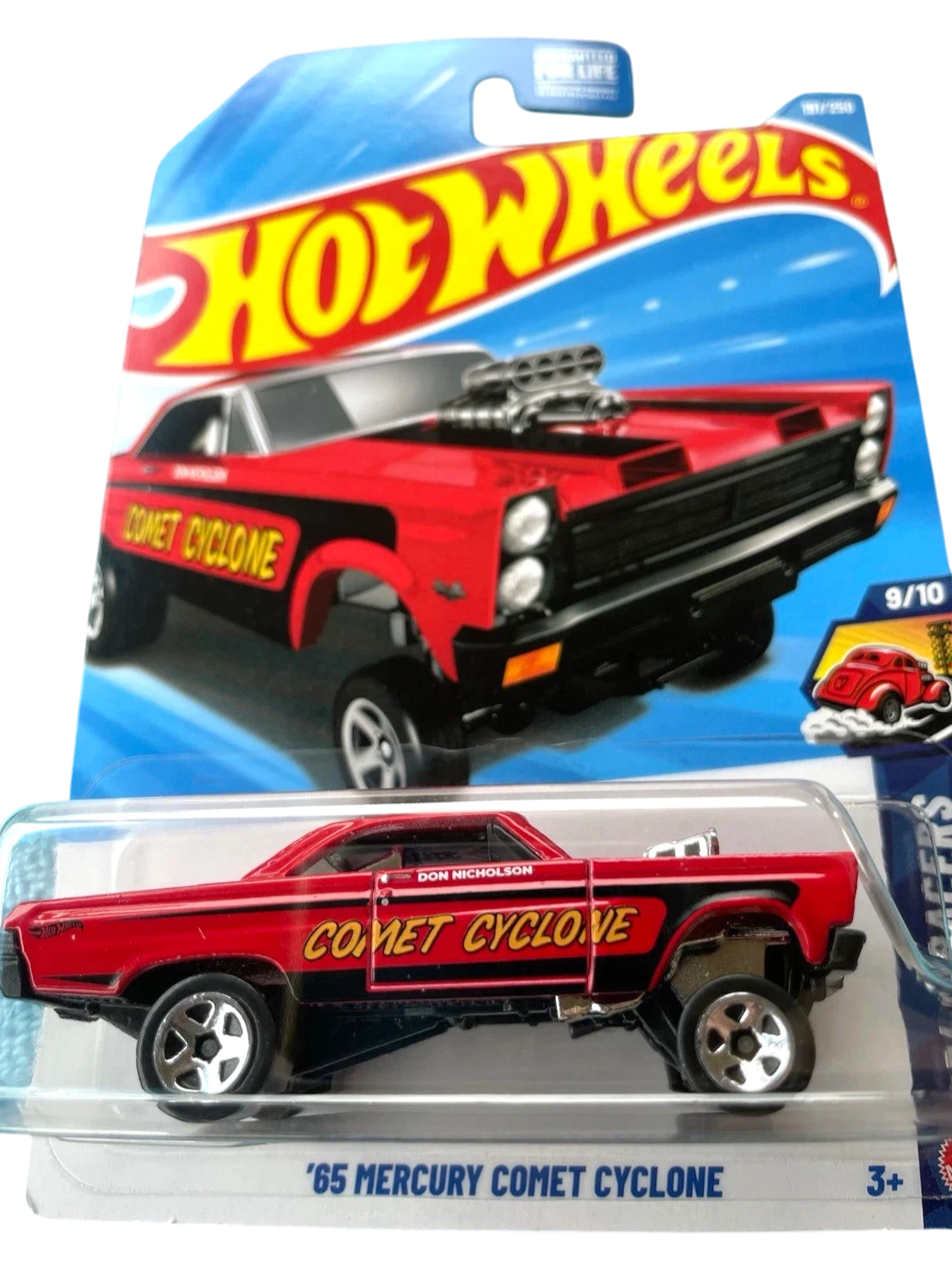 More Than Diecast 2026 Hot Wheels Red ‘65 Mercury Comet Cyclone Drag Racer toy car with black accents and a supercharger.