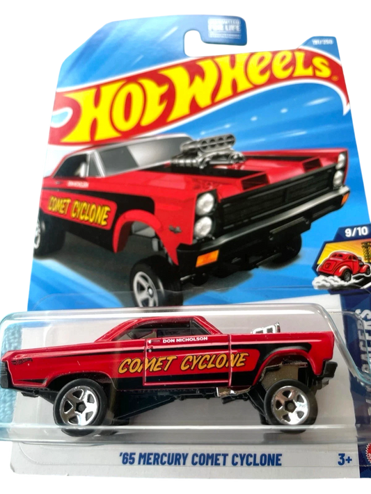 More Than Diecast 2026 Hot Wheels Red ‘65 Mercury Comet Cyclone Drag Racer toy car with black accents and a supercharger.