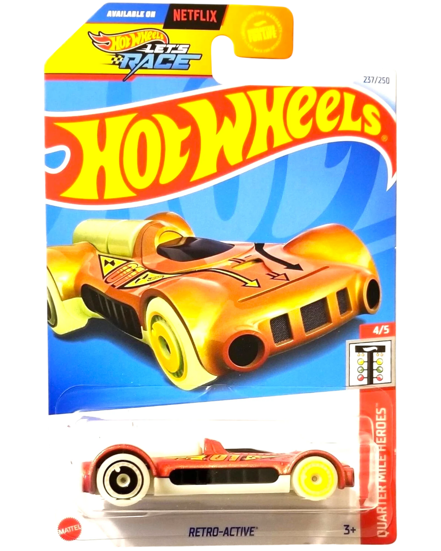 More Than Diecast Hot Wheels 2024 Quarter Mile Heroes Retro-Active toy car, orange and yellow with black accents.