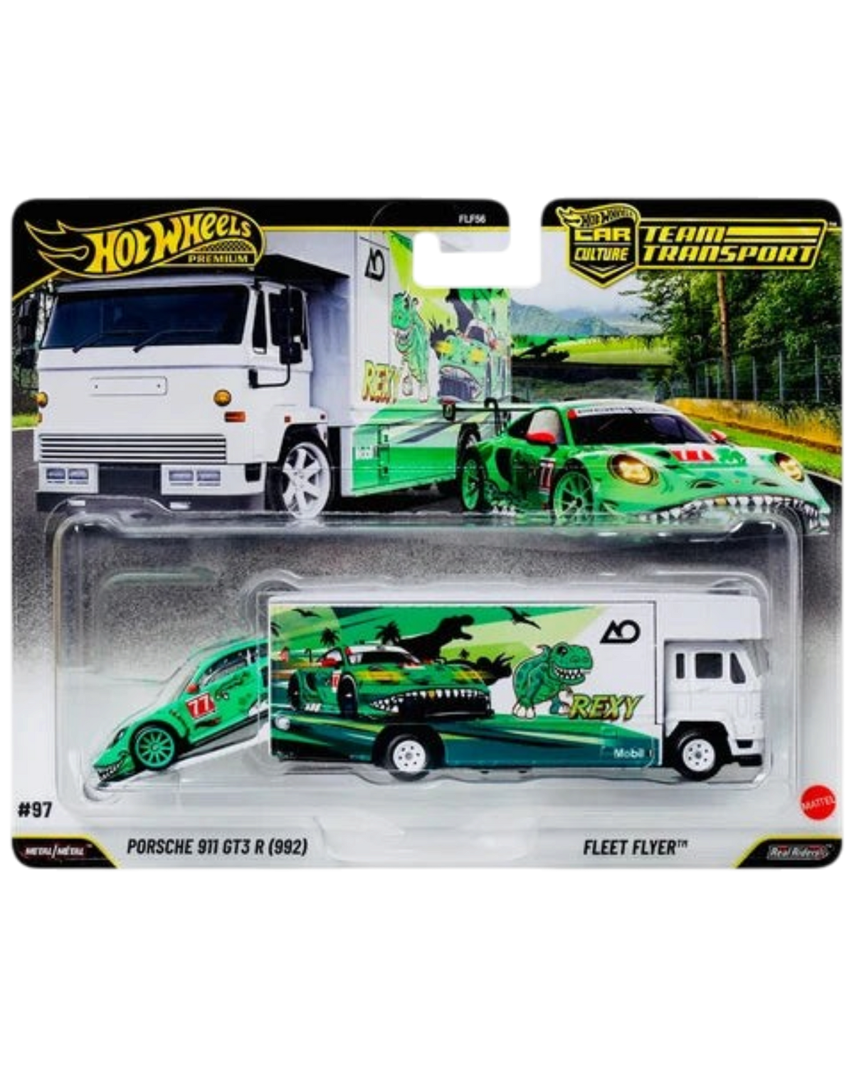 More Than Diecast Hot Wheels Team Transport set #97 featuring the green Rexy Porsche 911 GT3 R and white Fleet Flyer