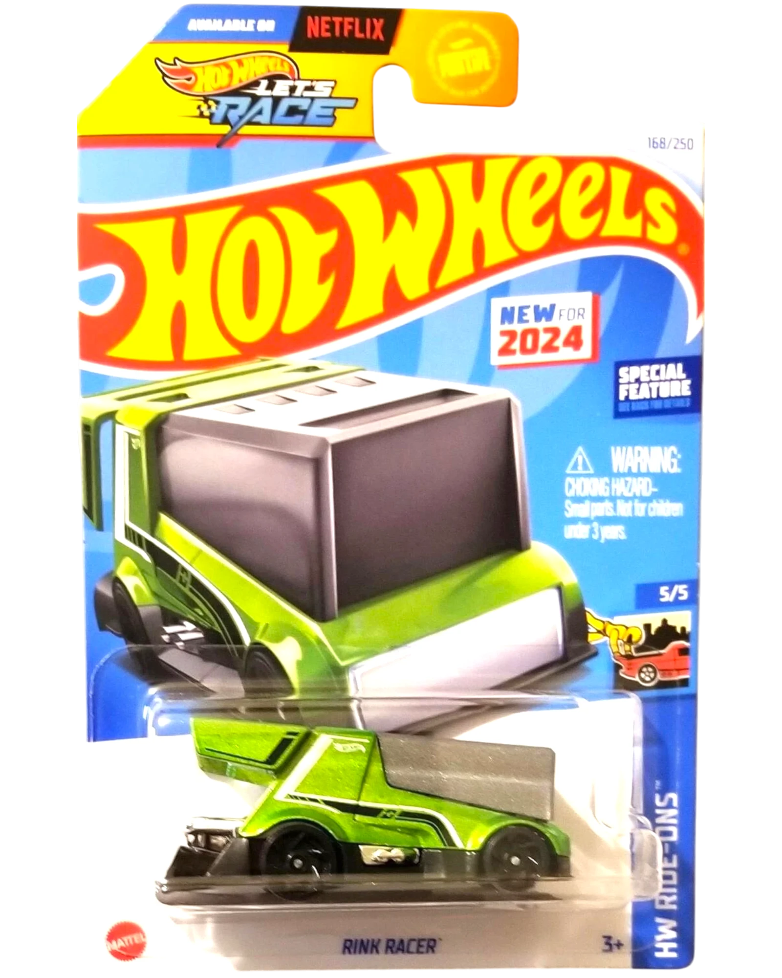 More Than Diecast Hot Wheels Rink Racer toy car, bright green with black accents and spoiler, on a black background.