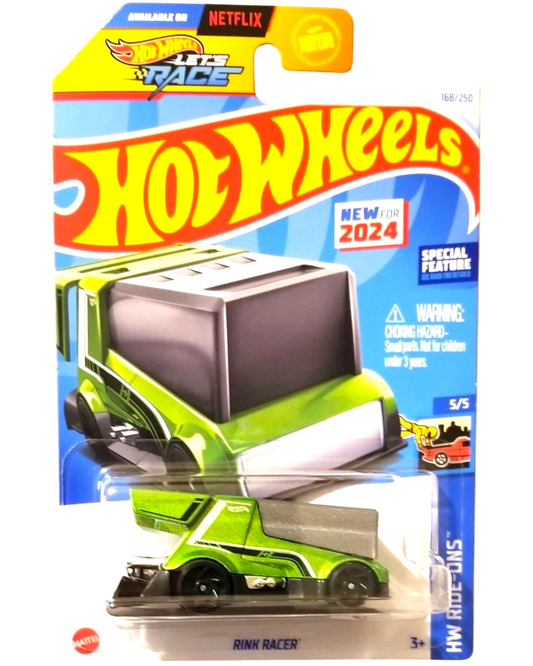 More Than Diecast Hot Wheels Rink Racer toy car, bright green with black accents and spoiler, on a black background.