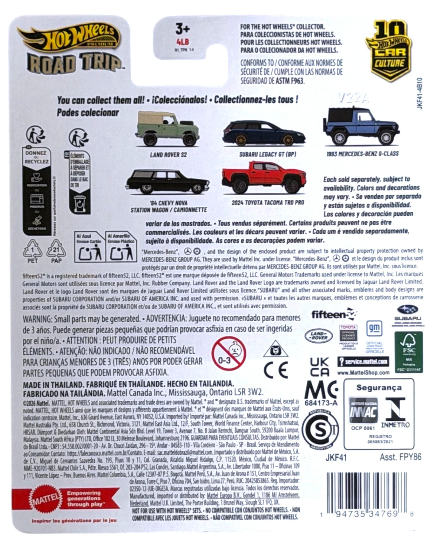 More Than Diecast Hot Wheels Car Culture Road Trip packaging back showing vehicle collection list and safety info