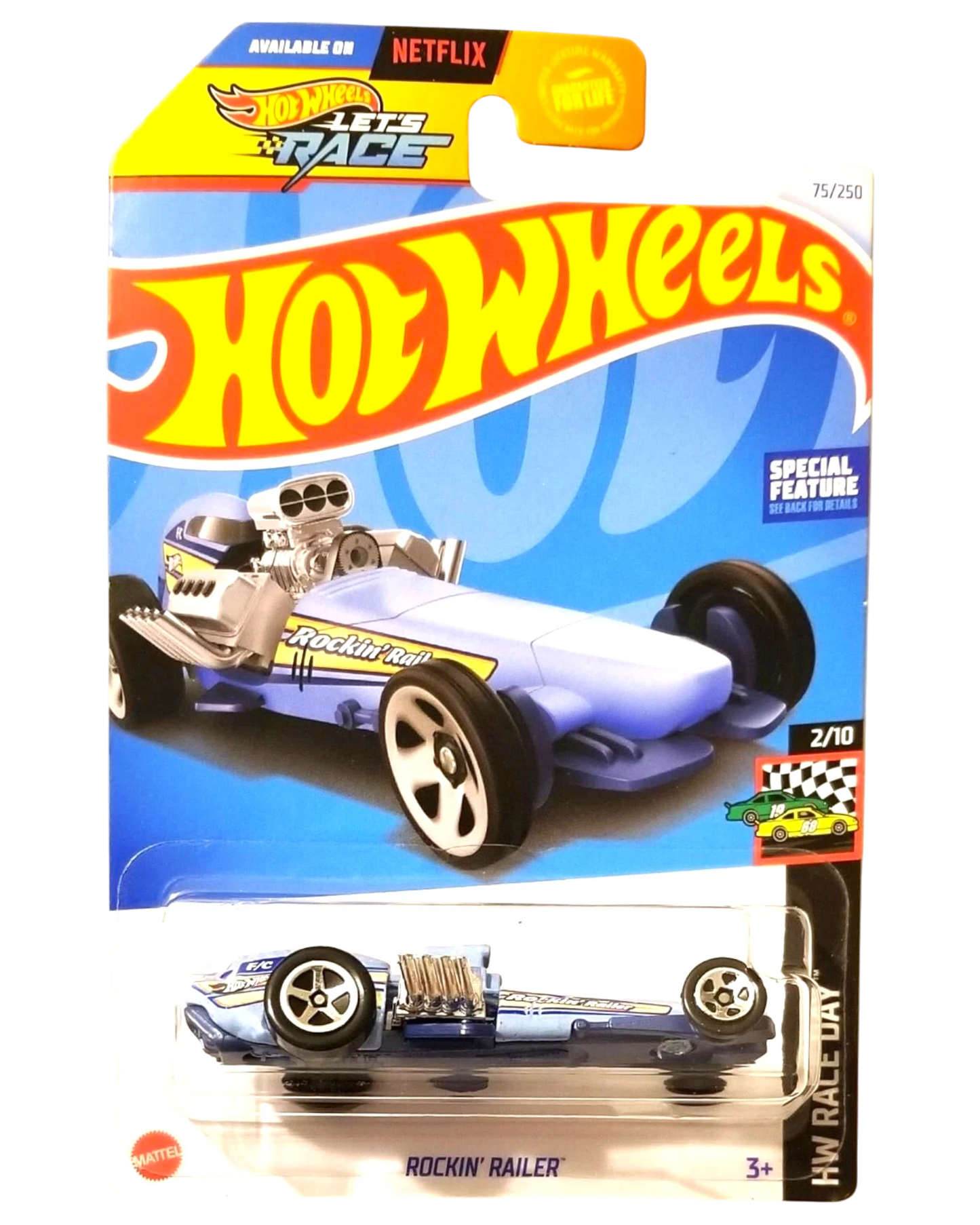 More Than Diecast Hot Wheels Rockin' Railer 1:64 die-cast car in light blue with rail-inspired design on blister card