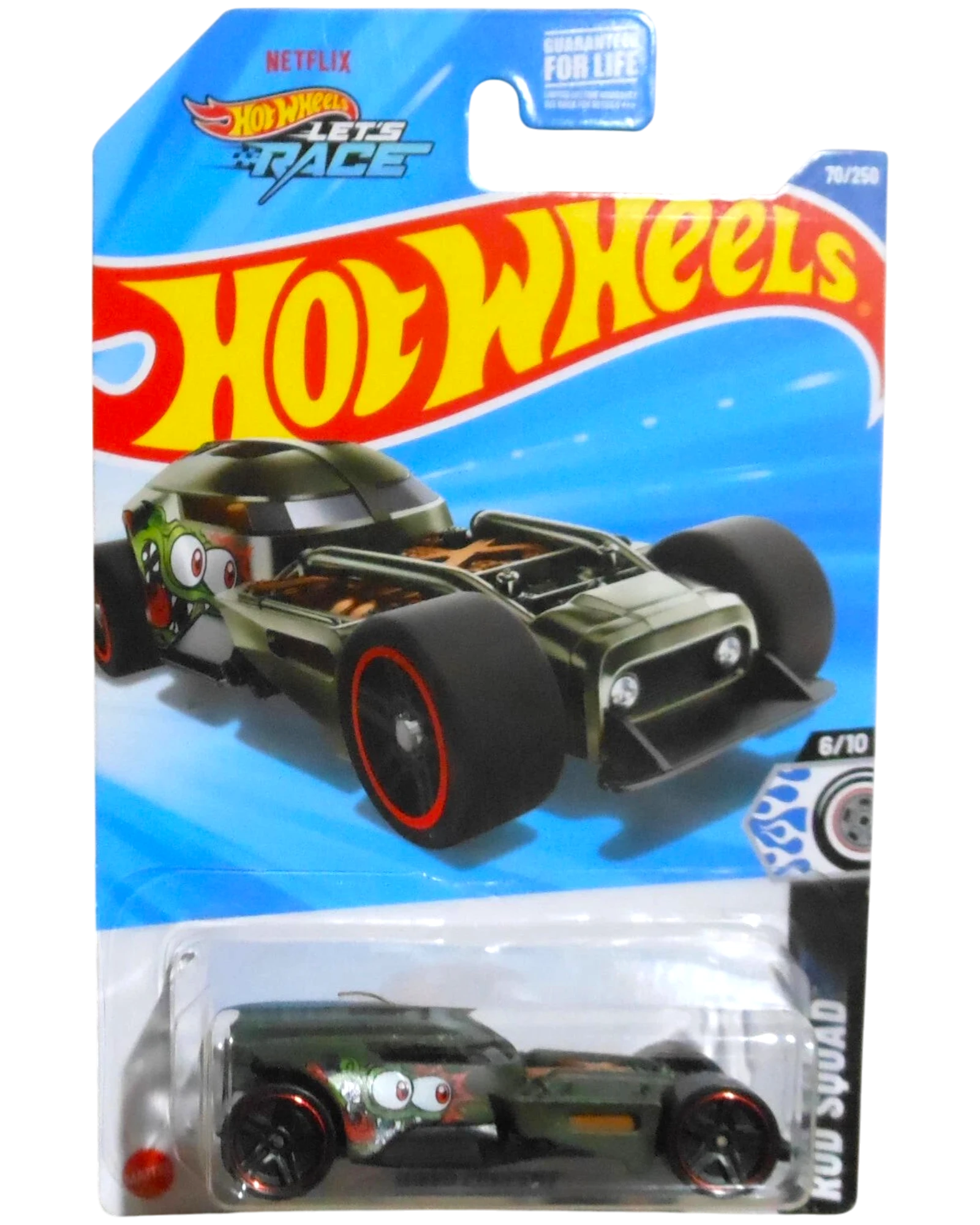 More Than Diecast Hot Wheels Rod Squad Series HW50 Concept diecast car in dark olive with cartoon eyes and red trim.