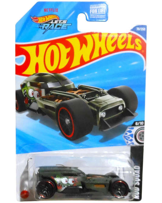 More Than Diecast Hot Wheels Rod Squad Series HW50 Concept diecast car in dark olive with cartoon eyes and red trim.