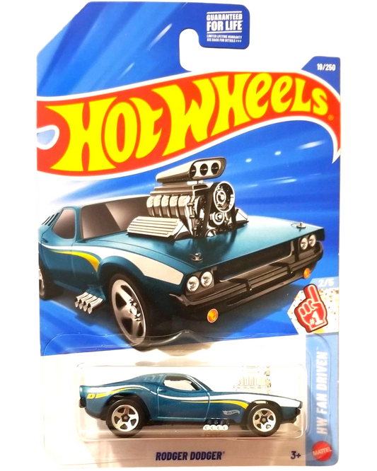 More Than Diecast Hot Wheels 2026 Rodger Dodger 1:64 die-cast model car in blue with white and yellow racing stripes.
