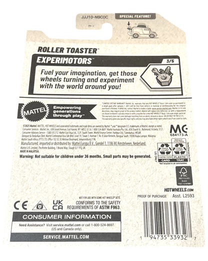 More Than Diecast Hot Wheels Roller Toaster Experimotors toy car packaging with product details and safety information.