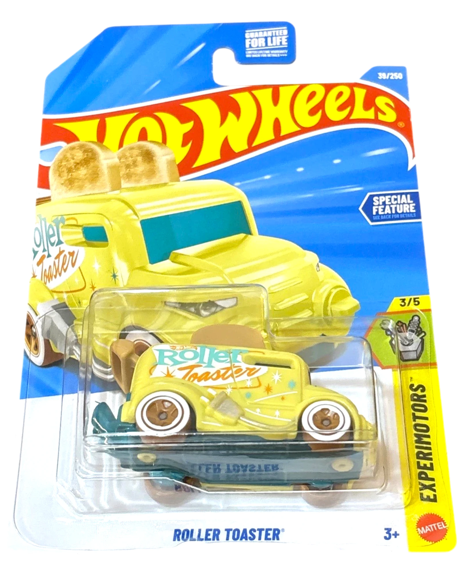 More Than Diecast Hot Wheels Roller Toaster toy car, yellow with blue accents and toast on top. Special feature.