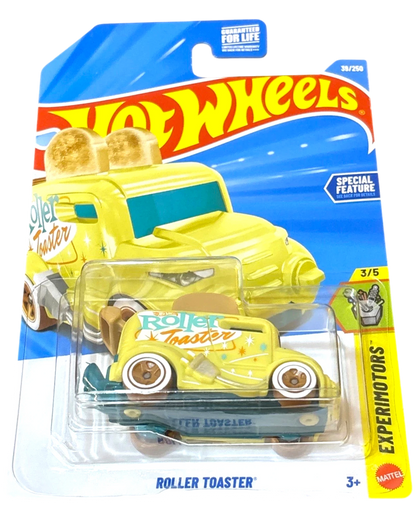 More Than Diecast Hot Wheels Roller Toaster toy car, yellow with blue accents and toast on top. Special feature.