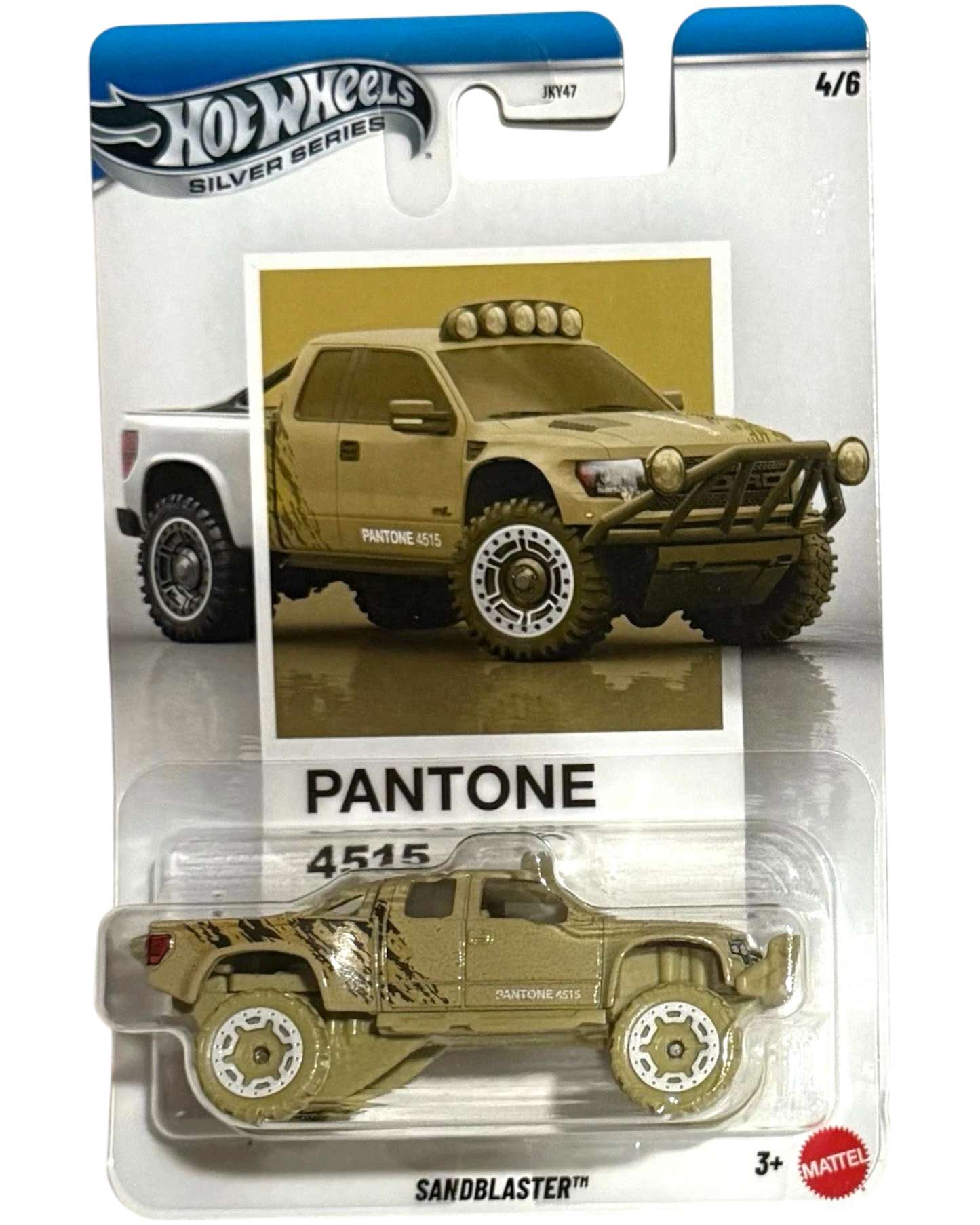 More Than Diecast Hot Wheels Silver Series Sandblaster toy truck, tan with mud splatter detail, off-road tires, and light bar.