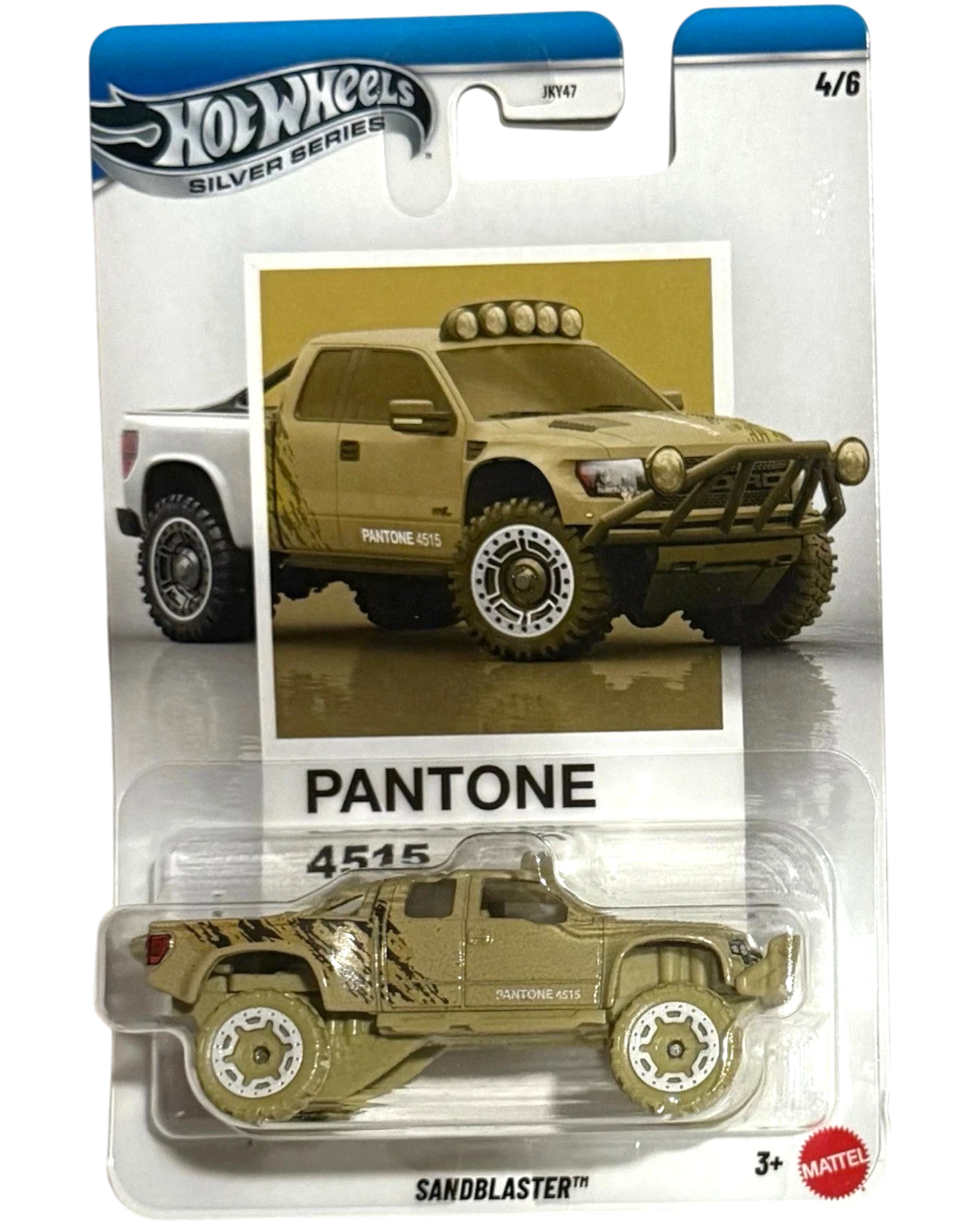 More Than Diecast Hot Wheels Silver Series Sandblaster toy truck, tan with mud splatter detail, off-road tires, and light bar.
