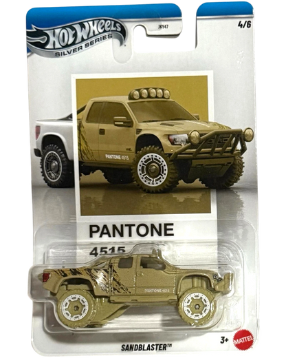 More Than Diecast Hot Wheels Silver Series Sandblaster toy truck, tan with mud splatter detail, off-road tires, and light bar.