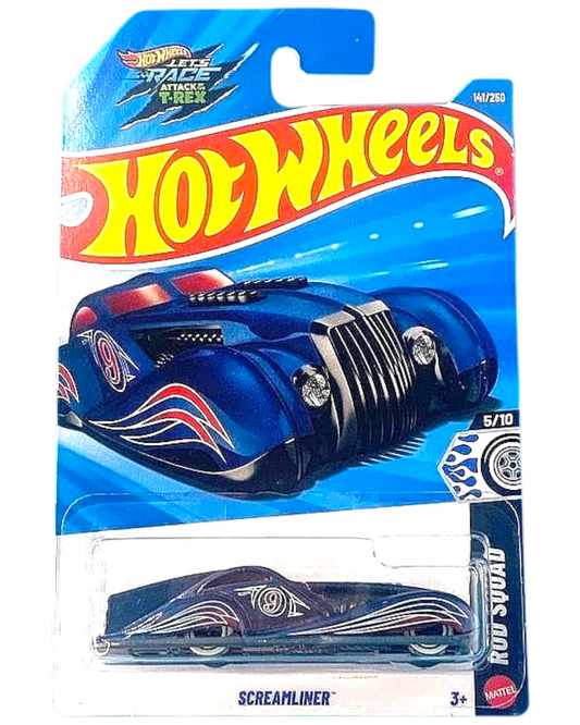 More Than Diecast Hot Wheels Screamliner Rod Squad dark blue die-cast car in original Let's Race Show packaging