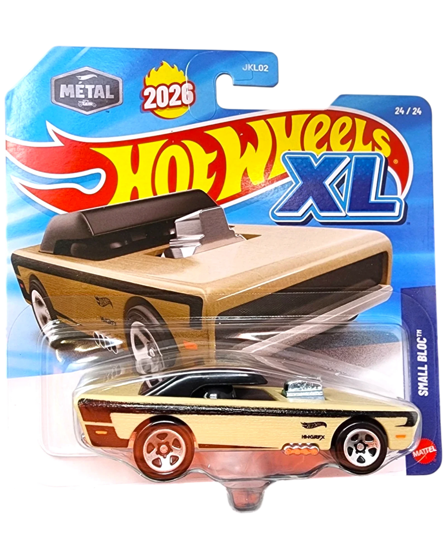 More Than Diecast Hot Wheels Small Bloc 24 XL Series 1:64 scale die-cast car in tan with black trim and exposed engine.