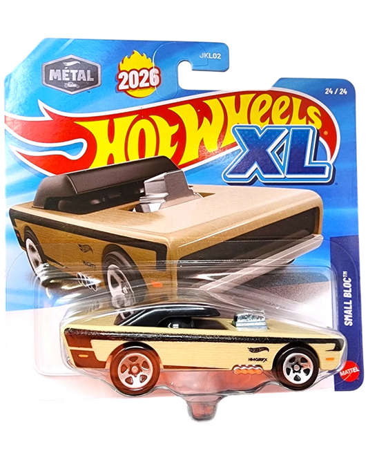 More Than Diecast Hot Wheels Small Bloc 24 XL Series 1:64 scale die-cast car in tan with black trim and exposed engine.