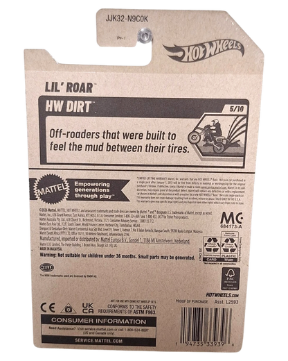 Back of More Than Diecast Hot Wheels Spider Mobile packaging featuring Lil' Roar HW Dirt branding and product info