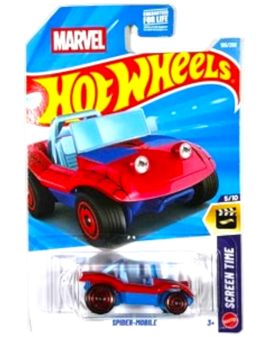 More Than Diecast Hot Wheels Spider-Mobile toy car in red and blue packaging from the Marvel Screen Time series.