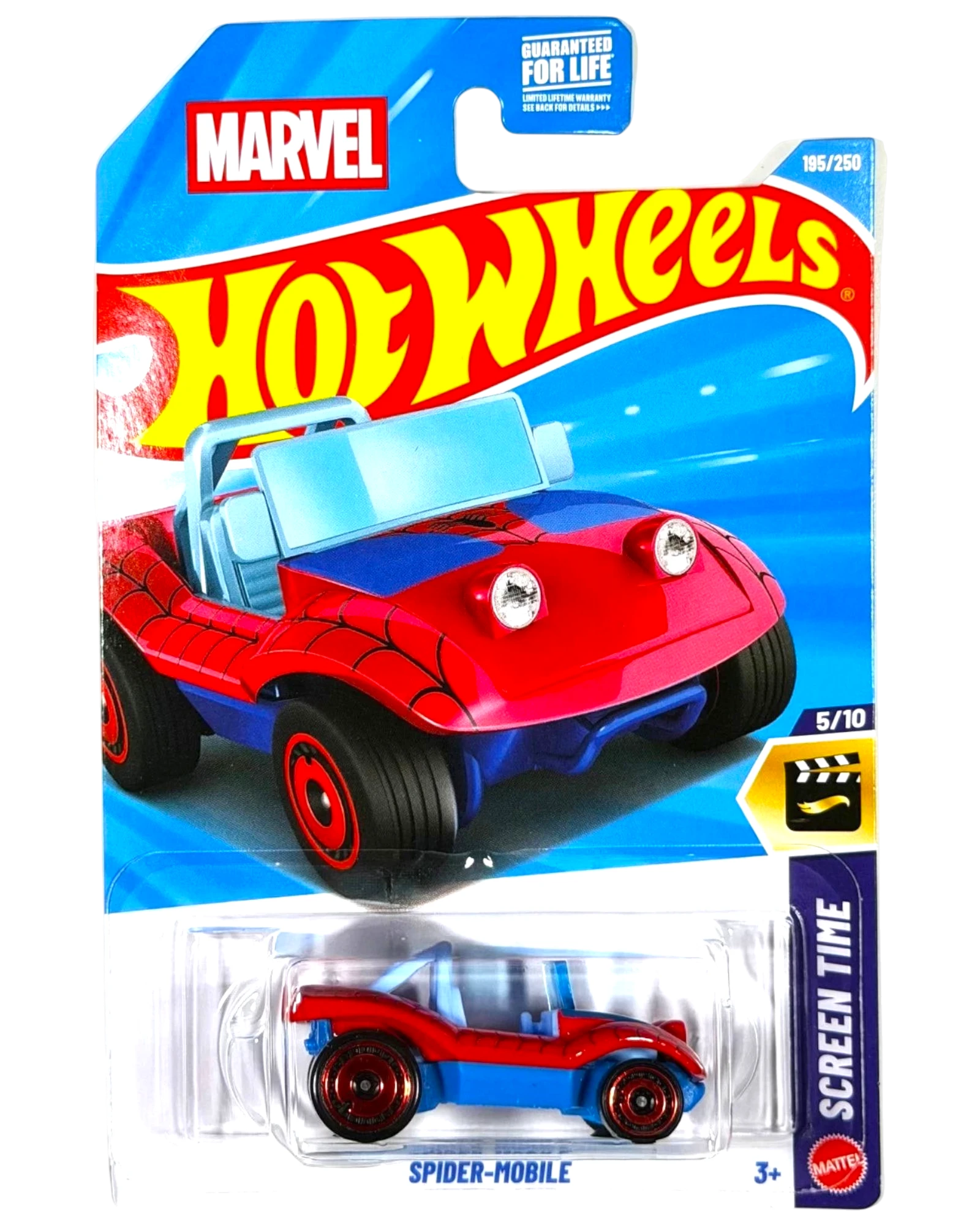 More Than Diecast Hot Wheels Spider-Mobile 1:64 die-cast car in red and blue with Spider-Man web detailing on card