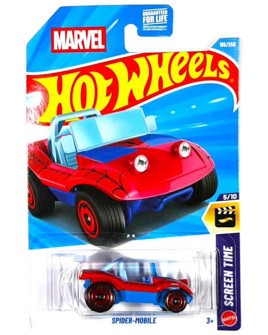 More Than Diecast Hot Wheels Spider-Mobile 1:64 die-cast car in red and blue with Spider-Man web detailing on card
