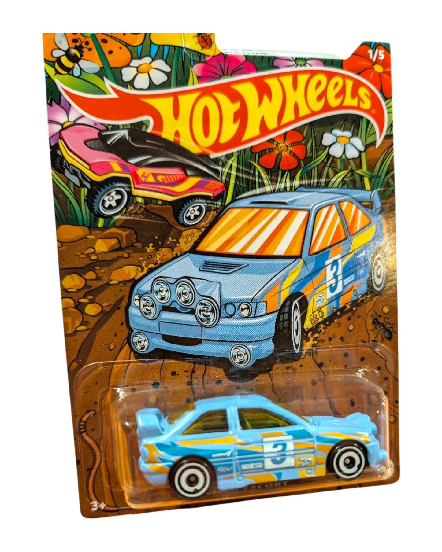 More Than Diecast Hot Wheels HW Spring Series blue rally car with yellow accents and number 3 on card.