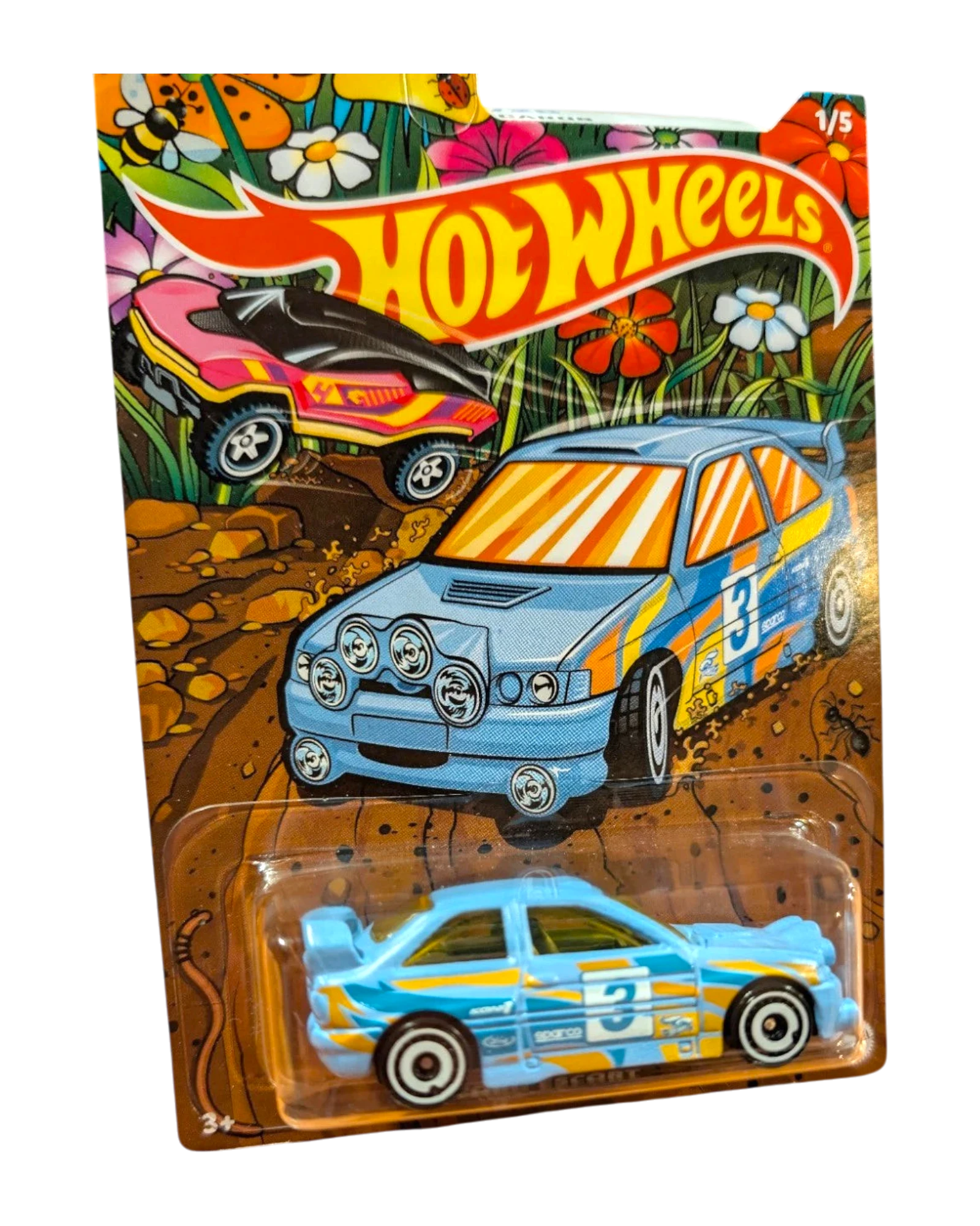 More Than Diecast Hot Wheels HW Spring Series blue rally car with yellow accents and number 3 on card.