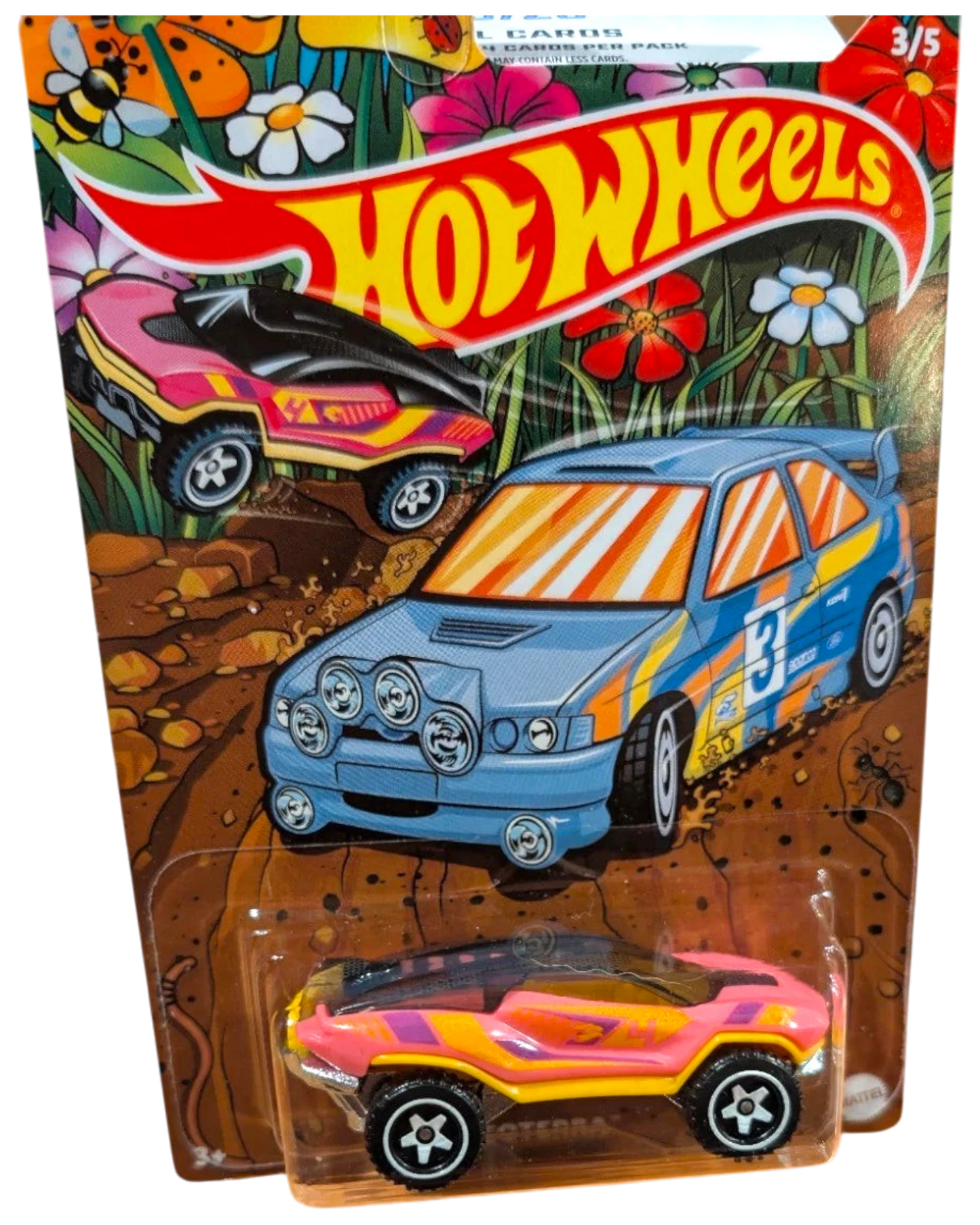 More Than Diecast Hot Wheels HW Spring Series set of 5 toy cars. Features a blue rally car and pink off-road vehicles.