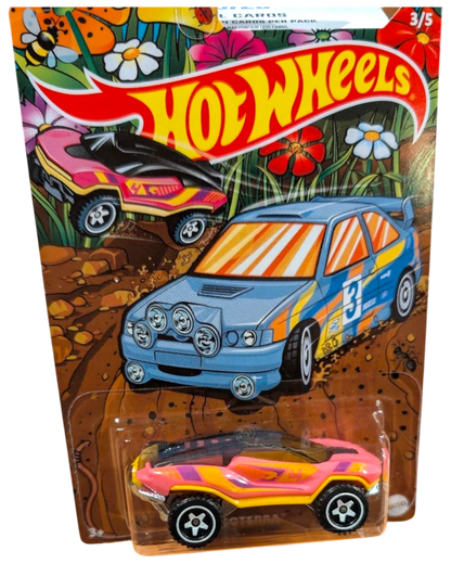 More Than Diecast Hot Wheels HW Spring Series set of 5 toy cars. Features a blue rally car and pink off-road vehicles.