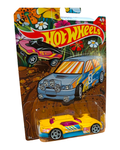 More Than Diecast Hot Wheels HW Spring Series complete set of 5 cars. Features yellow, blue, and pink toy cars with racing decals.