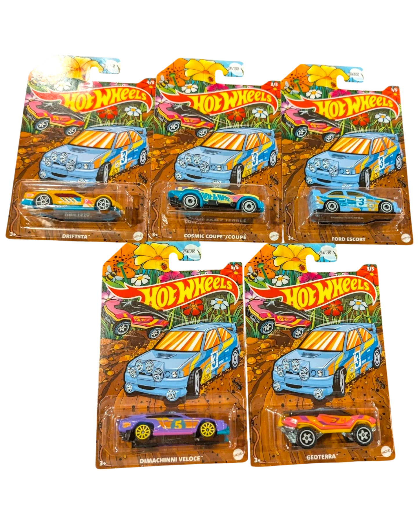 More Than Diecast Hot Wheels HW Spring Series complete set of 5 die-cast toy cars in packaging. Features colorful designs and spring-themed graphics.