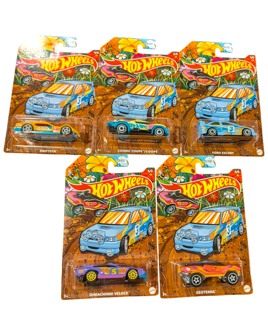 More Than Diecast Hot Wheels HW Spring Series complete set of 5 die-cast toy cars in packaging. Features colorful designs and spring-themed graphics.