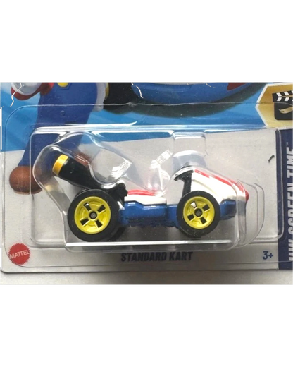 More Than Diecast Hot Wheels Standard Kart toy car, white, red, and blue with yellow wheels.
