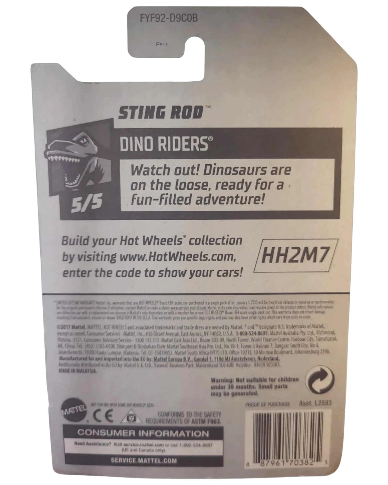 More Than Diecast 2017 Hot Wheels Sting Rod Dino Riders toy car packaging. Features a dinosaur graphic and text.