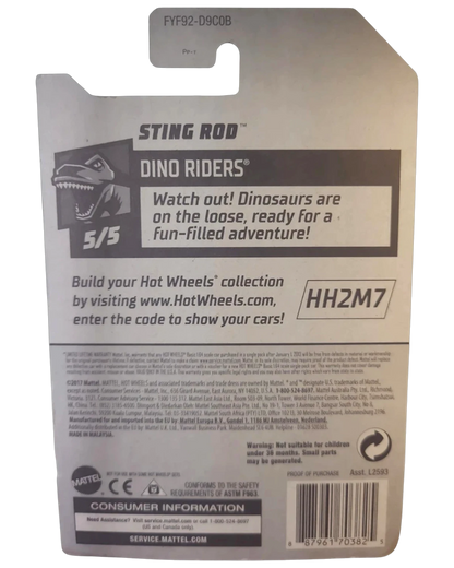 More Than Diecast 2017 Hot Wheels Sting Rod Dino Riders toy car packaging. Features a dinosaur graphic and text.