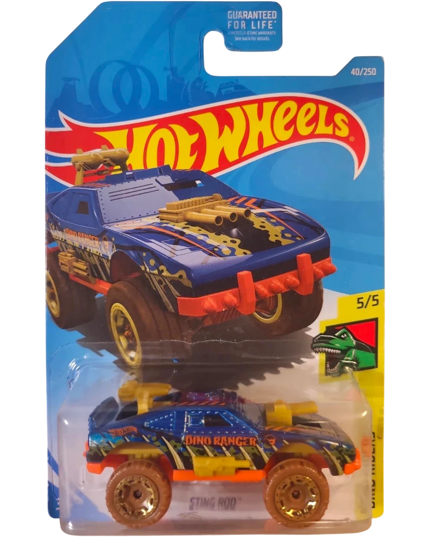 More Than Diecast 2017 Hot Wheels Sting Rod Dino Riders toy car, blue with yellow and green accents, orange bumpers, and gold wheels.