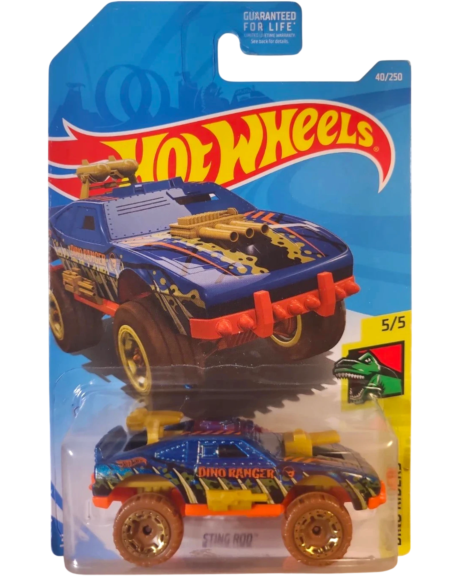 More Than Diecast 2017 Hot Wheels Sting Rod Dino Riders toy car, blue with yellow and green accents, orange bumpers, and gold wheels.