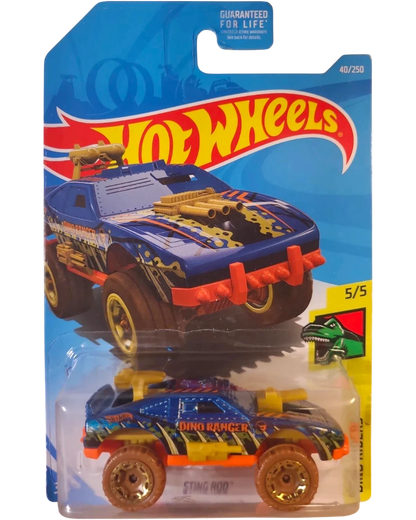 More Than Diecast 2017 Hot Wheels Sting Rod Dino Riders toy car, blue with yellow and green accents, orange bumpers, and gold wheels.