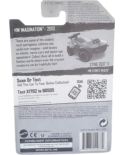 More Than Diecast Hot Wheels Sting Rod II 1:64 scale die-cast car, chase variant with flame logo deco on a card with bent corners.