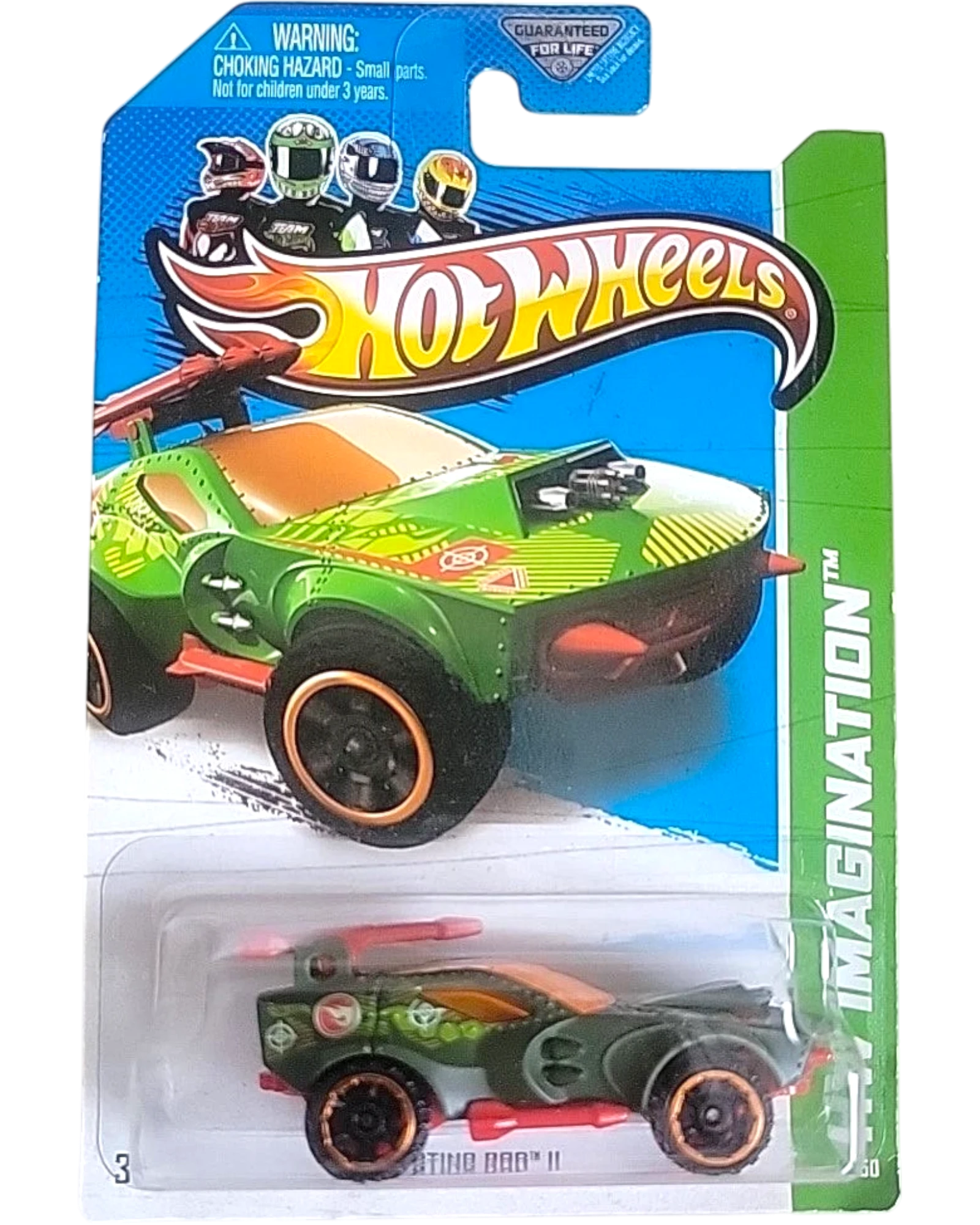 More Than Diecast Hot Wheels Treasure Hunt Sting Rod II 1:64 scale die-cast car, green with orange accents and flame deco. Card shows wear.