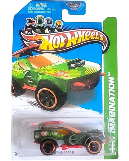 More Than Diecast Hot Wheels Treasure Hunt Sting Rod II 1:64 scale die-cast car, green with orange accents and flame deco. Card shows wear.