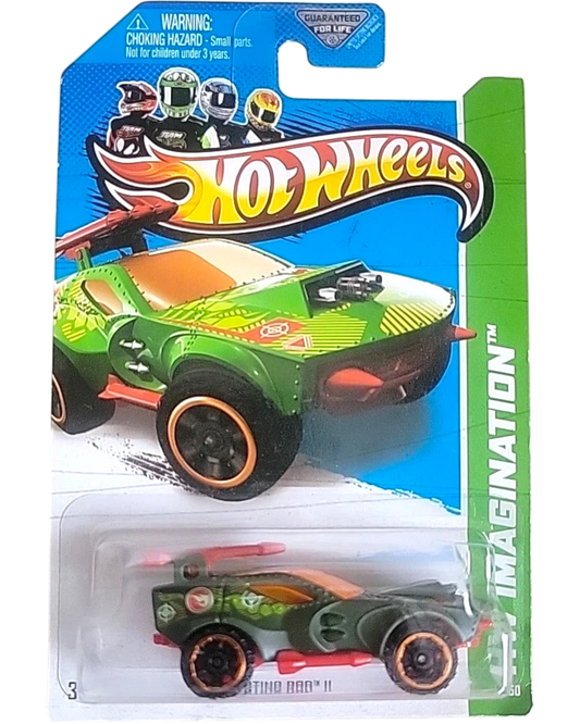 More Than Diecast Hot Wheels Treasure Hunt Sting Rod II 1:64 scale die-cast car, green with orange accents and flame deco. Card shows wear.