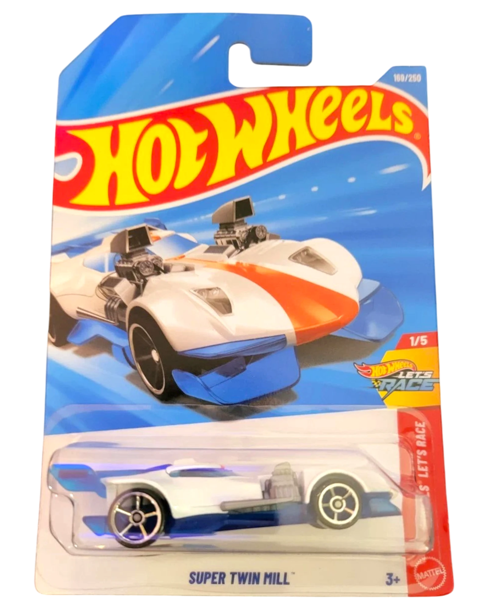 More Than Diecast 2026 Hot Wheels Super Twin Mill toy car, white with orange and blue accents, in packaging.