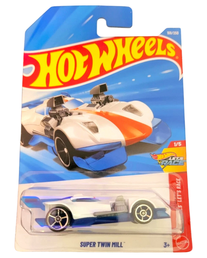 More Than Diecast 2026 Hot Wheels Super Twin Mill toy car, white with orange and blue accents, in packaging.