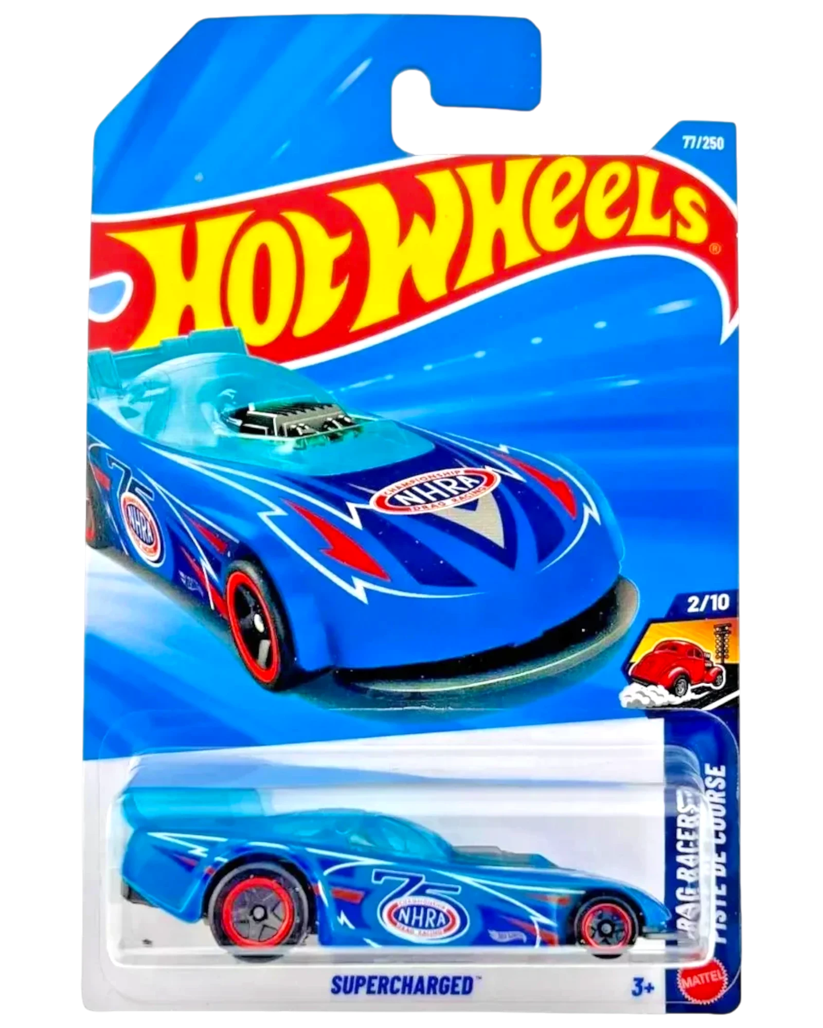 More Than Diecast Hot Wheels Supercharged 1:64 die-cast car in blue with NHRA racing graphics on blister card
