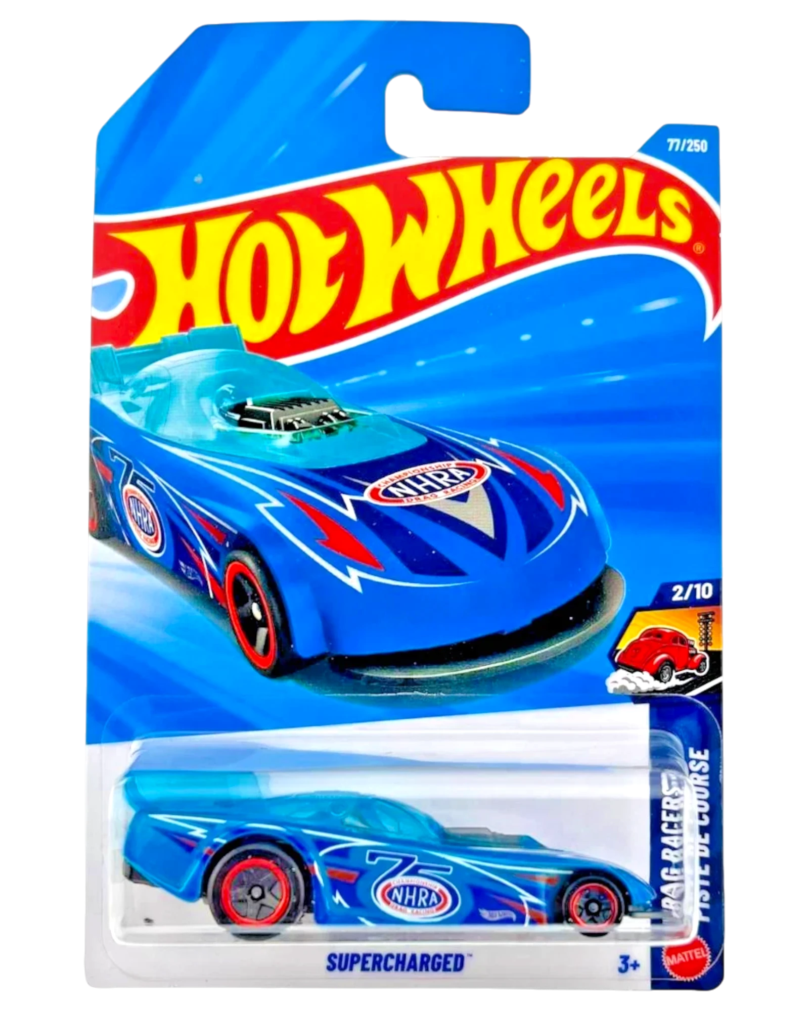 More Than Diecast Hot Wheels Supercharged blue NHRA drag racer die-cast car in original 2026 mainline packaging